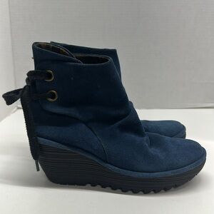 Fly London Botin Yama Ankle Boots Wedges Lace Up Booties Navy Blue Black 37 US 7